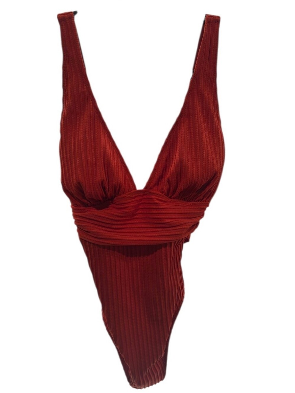 NWT Cupshe Ribbed Deep V One-Piece Swimsuit - Rust Size M Swim Wear Tropical